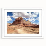 Abstract art print of Capitol Reef, Utah in muted earth tones on a white framed canvas, ideal for dining room decor.