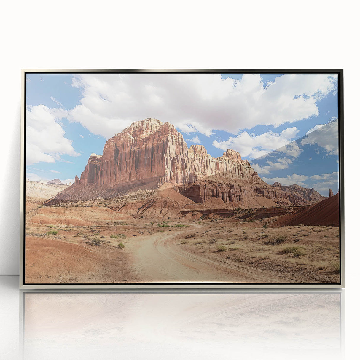Mid-century modernist art of Utah's Capitol Reef in silver-framed acrylic, featuring earth tones.