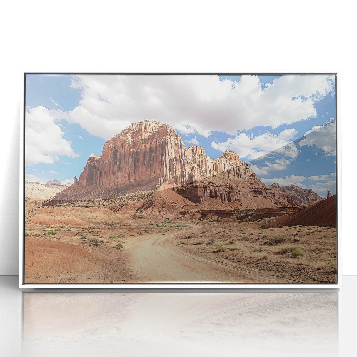 Modern art wall decor of Capitol Reef, Utah in acrylic frame, featuring muted earth tones, ideal for nursery wall decor.
