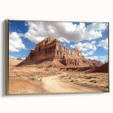 Framed canvas featuring a vintage-style landscape of Capitol Reef, Utah, in muted earth tones, ideal for bedroom decor.