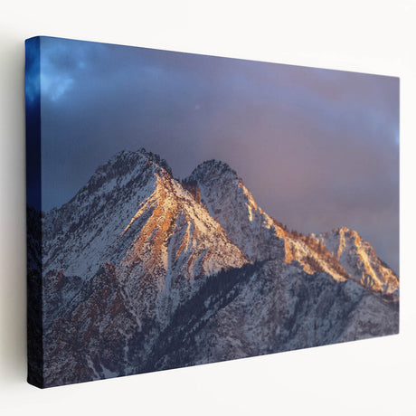 Large stretched canvas depicting a Salt Lake City skyline in muted gray and blue tones, ideal for kitchen wall art.