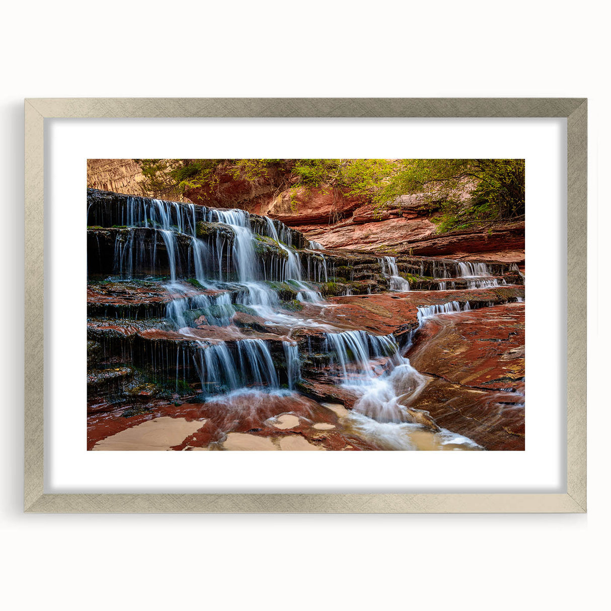 Textured art of abstract Zion National Park scenery in muted earth tones on a silver-framed mat, ideal for bedroom art.