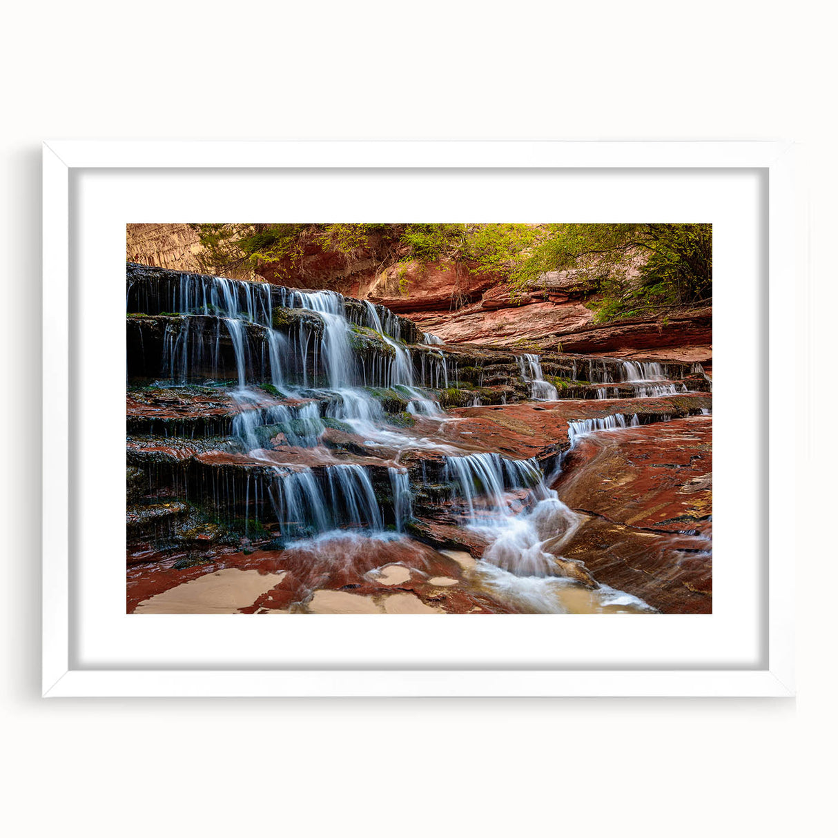 Abstract art print of Zion National Park in muted earth tones on a white framed canvas, ideal for dining room decor.
