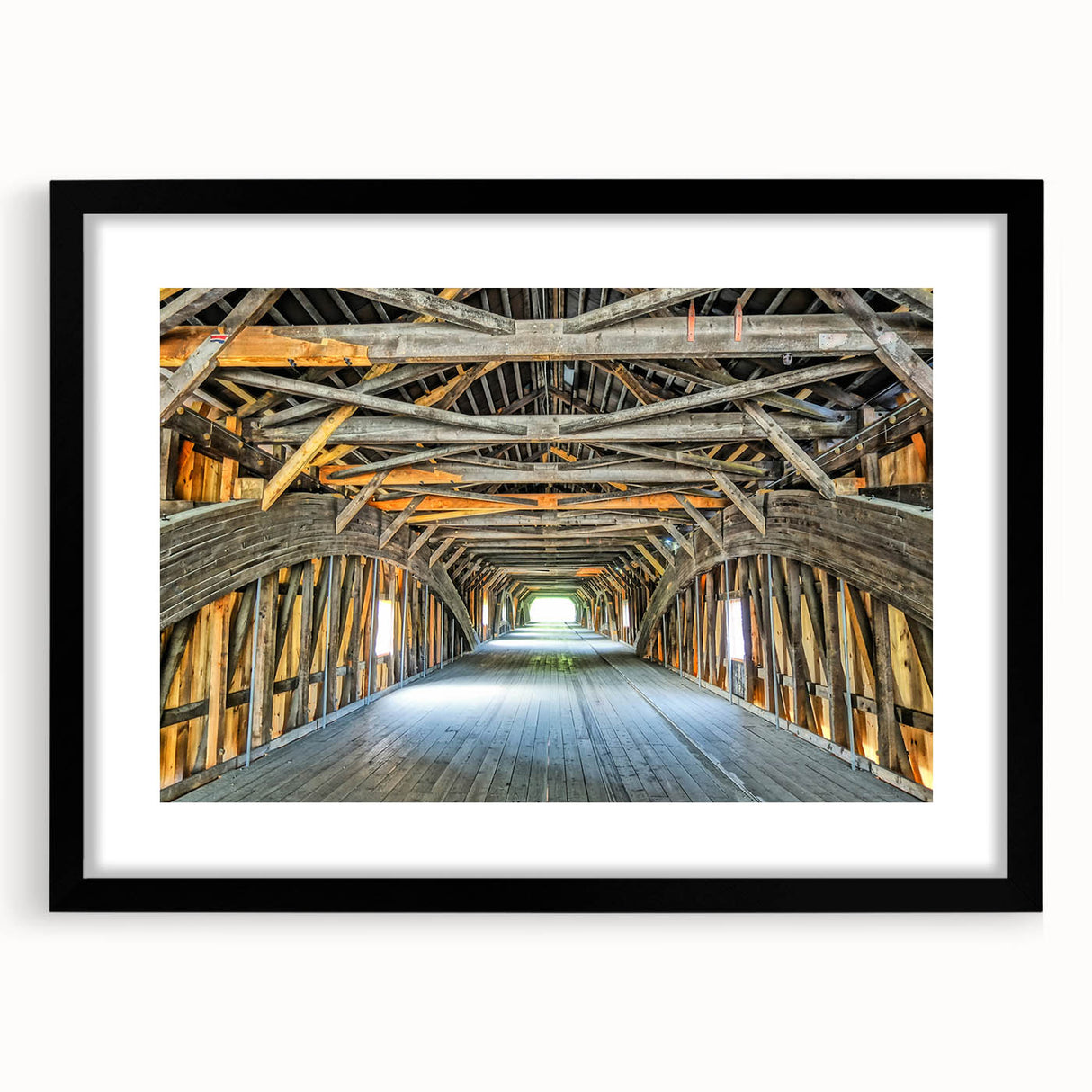 Abstract art print of vibrant, colorful scenery depicting Vermont, in a black frame with mat, ideal for living room decor.