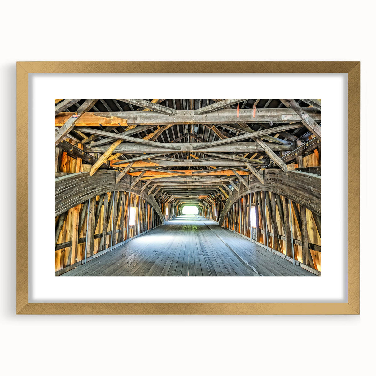 Extra large abstract art print of Vermont scenery in muted earth tones on textured canvas, framed in gold.