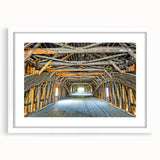 Abstract art print of Vermont scenery in muted greens and blues, framed in white, ideal for dining room decor.