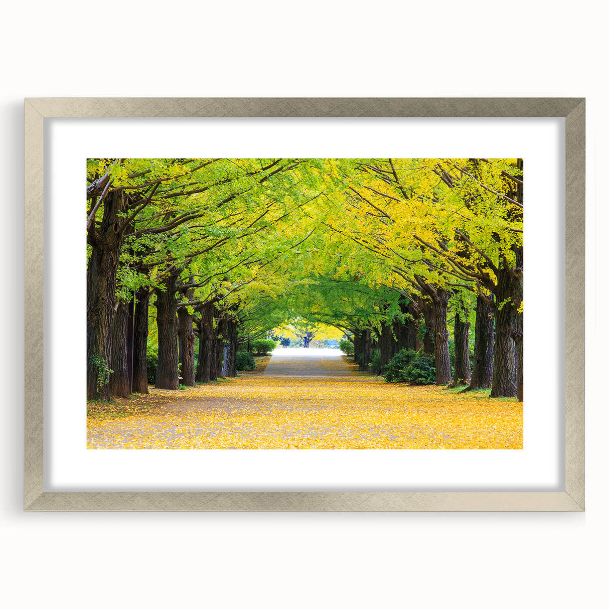 Textured abstract art print of Virginia scenery in muted greens and blues, framed with a silver mat.
