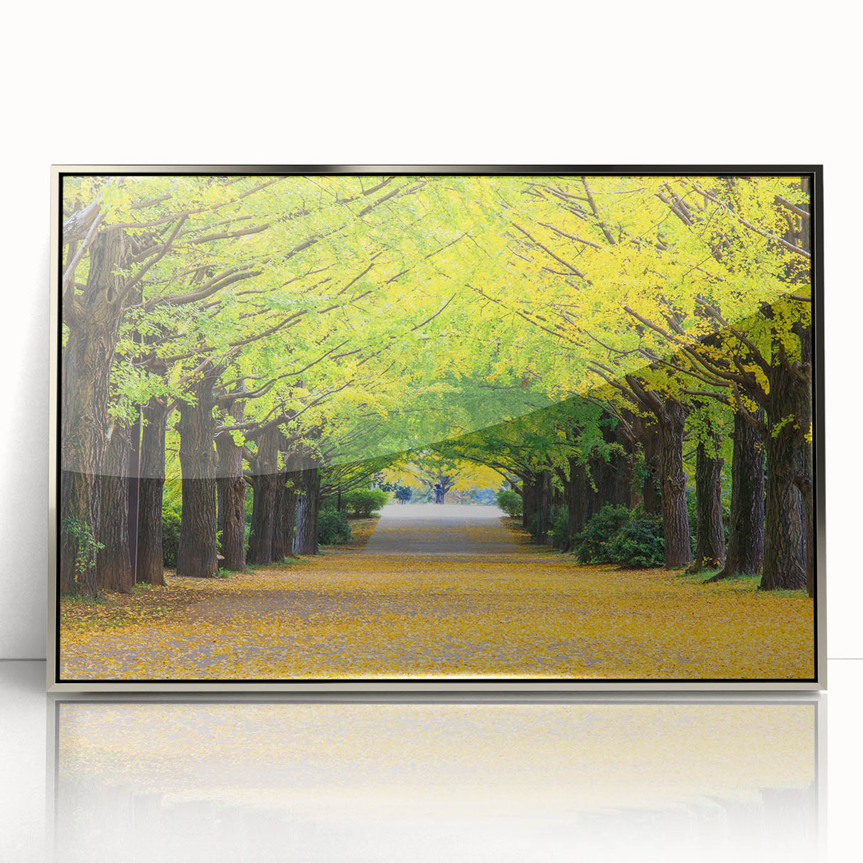 Mid-century modernist art depicting Virginia scenery in cool blue tones on a silver-framed acrylic print.