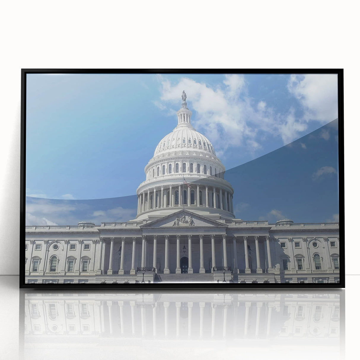 Large abstract wall art of Washington D.C. Capitol in muted grays and blues on framed acrylic, ideal for modern office decor.