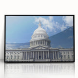 Large abstract wall art of Washington D.C. Capitol in muted grays and blues on framed acrylic, ideal for modern office decor.