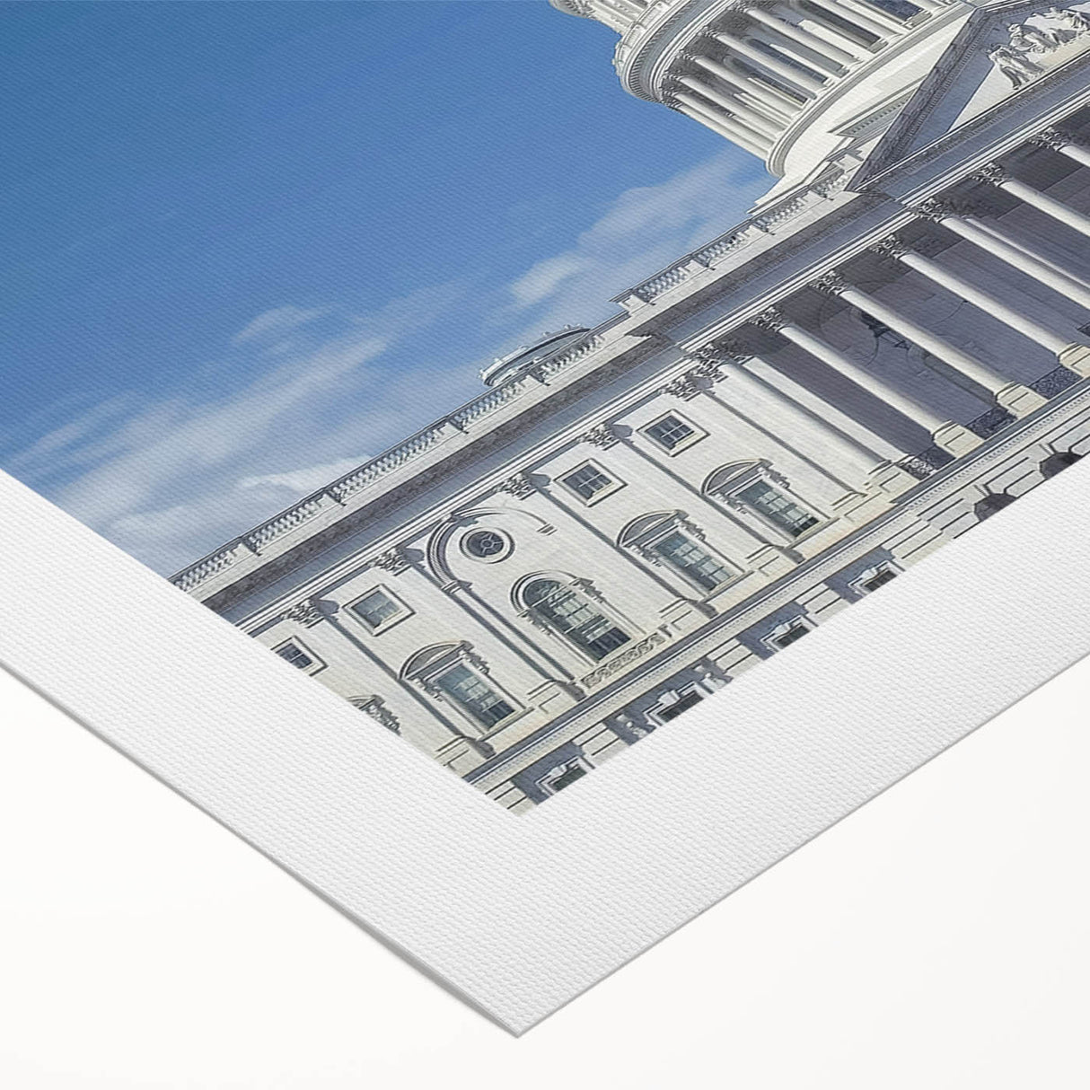 Art deco poster of Washington DC Capitol in muted colors on rolled canvas, suitable for dining room wall art.