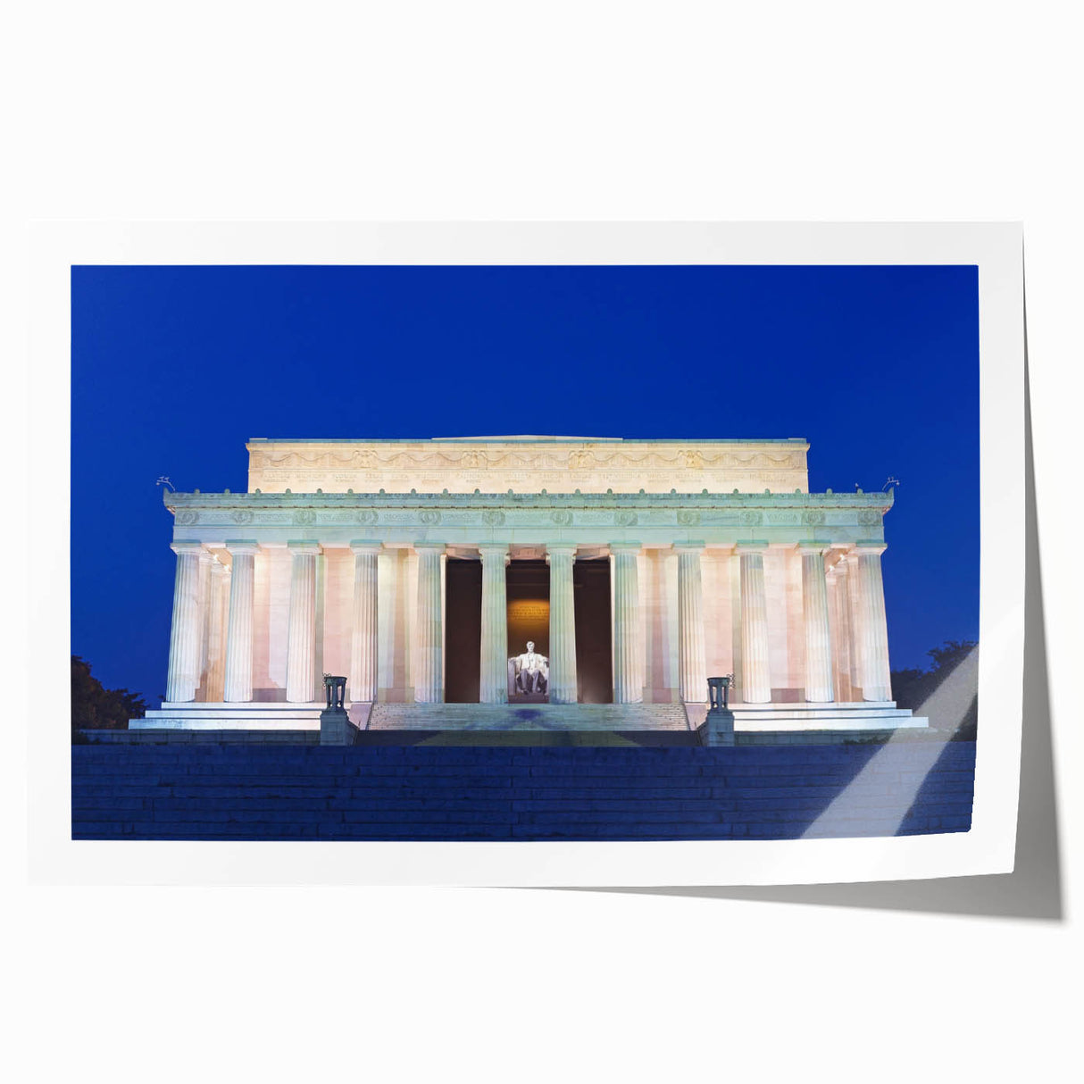 Landscape print of the Lincoln Memorial in muted gray tones on rolled canvas, suited for art wall dining room.
