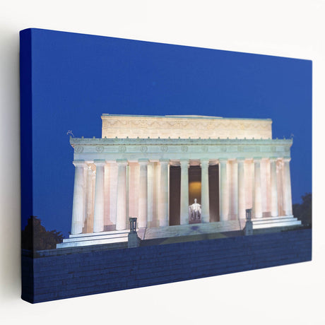 Side view of a stretched canvas featuring a detailed depiction of the Washington DC Lincoln Memorial in muted gray tones.