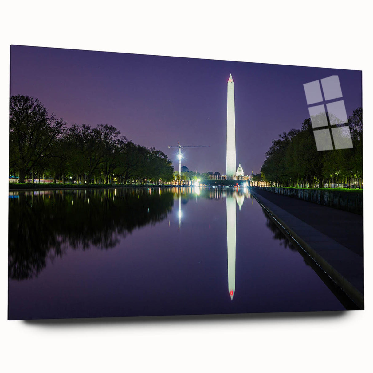 Acrylic print of Washington D.C. monuments in muted gray tones, ideal for bedroom or dining room art.