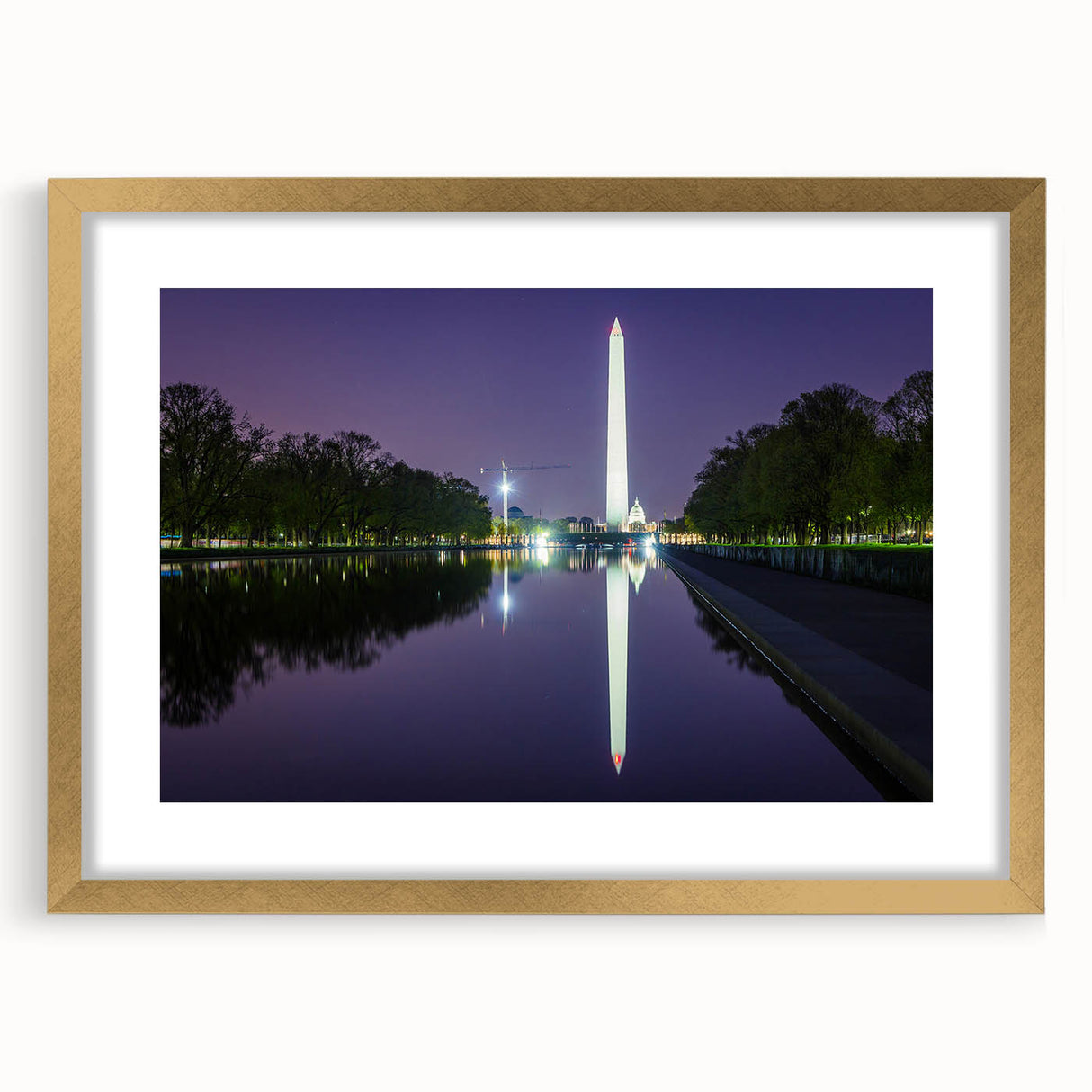 Extra large abstract art print of Washington DC monuments in textured style, gold frame, ideal for living room decor.