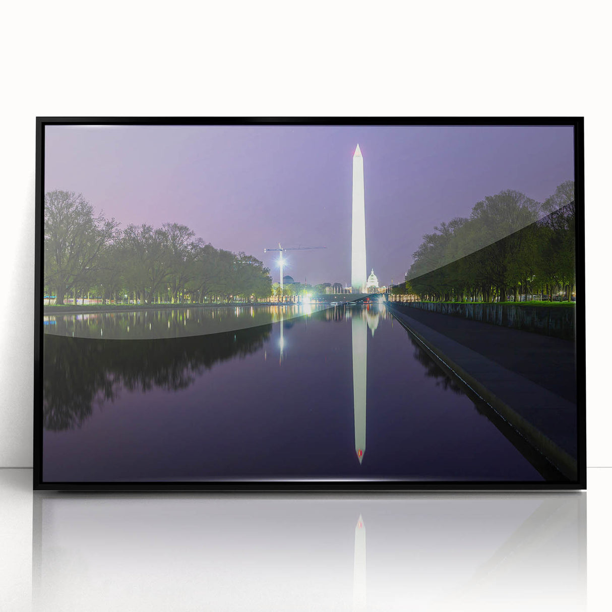 Large abstract wall art depicting the Washington DC monument in black and white tones on a framed acrylic.