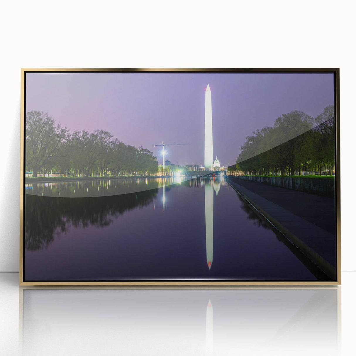 Acrylic print of Washington DC monument in gold tones, framed, in a mid-century modernist style, suitable for modern decor.