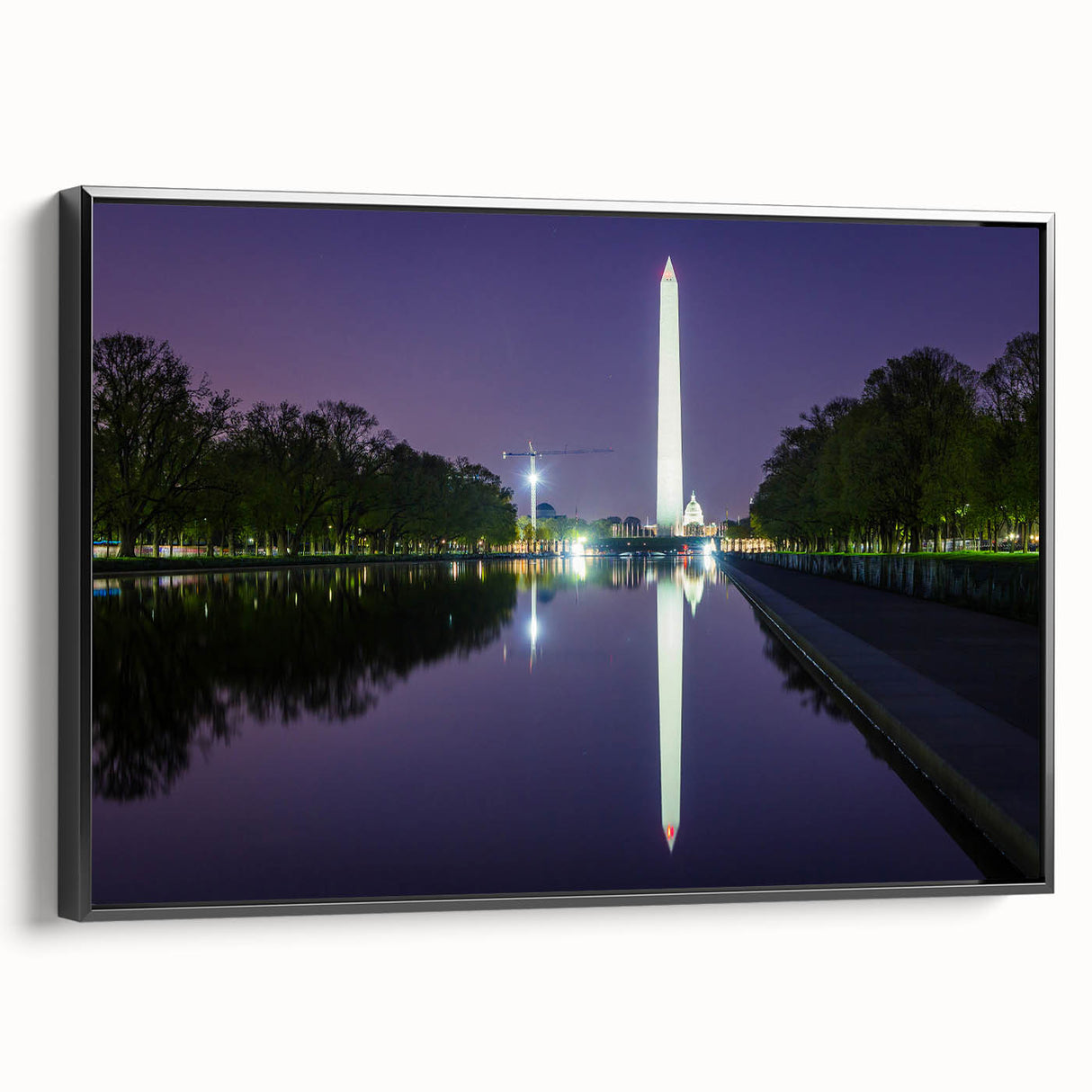 Black and white framed canvas of Washington D.C. monuments in a vintage poster style, suitable for bedroom wall decor.
