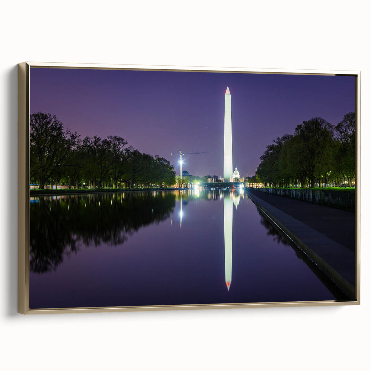 Framed canvas featuring a vintage-style landscape painting of Washington D.C.