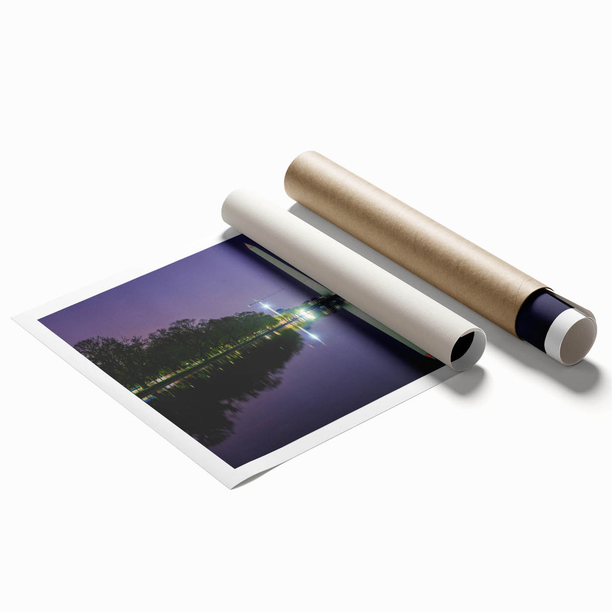 Monochrome print of the Washington DC skyline on rolled canvas, suitable for classy bathroom wall art.