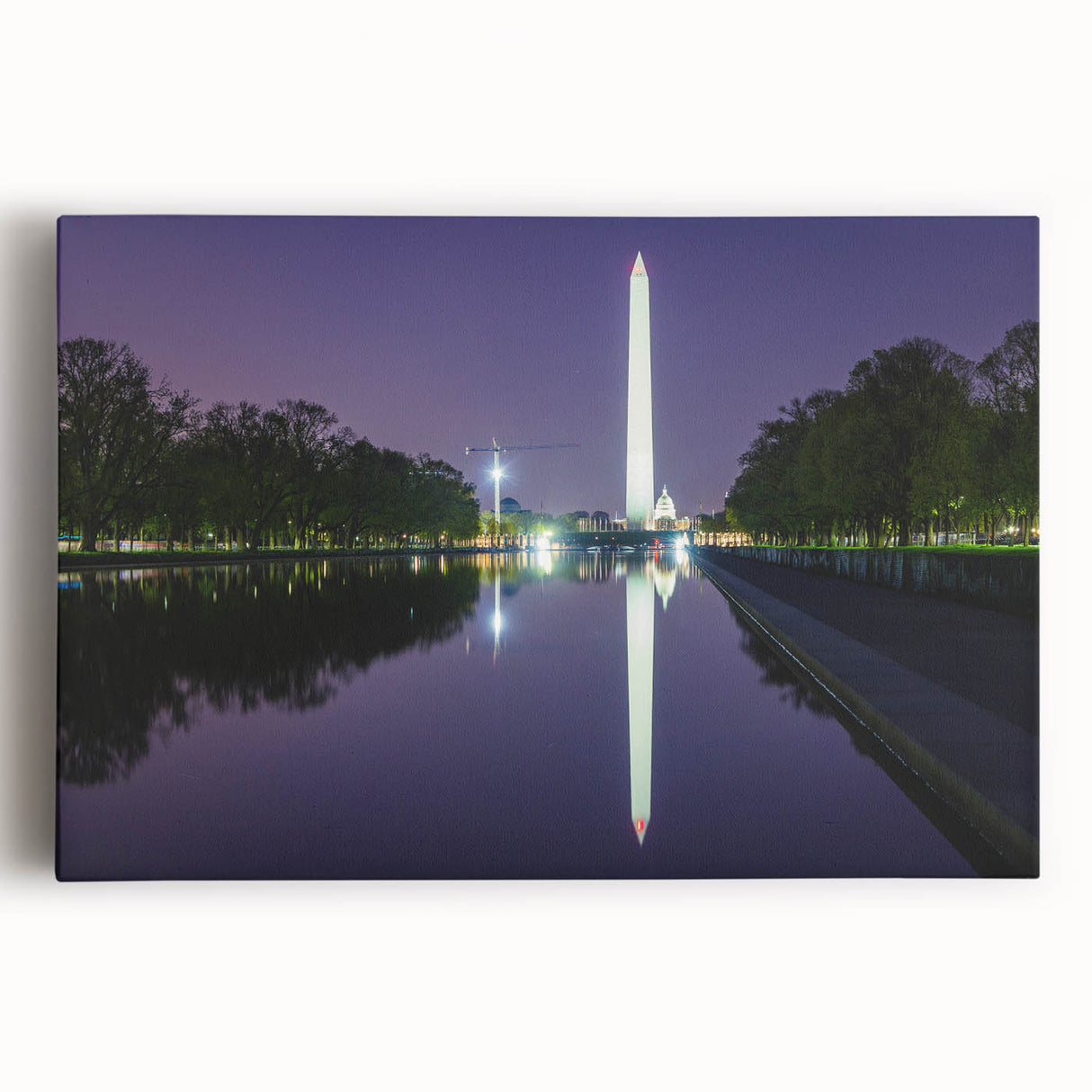 Black and white print of the Washington DC skyline on stretched canvas, suitable for kitchen wall art.