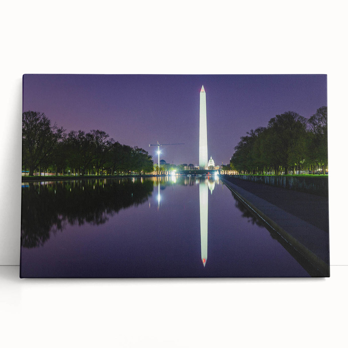 Black and white print of the Washington DC skyline on stretched canvas, ideal for kitchen wall art.