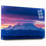 Acrylic print of Mount Rainier with muted green and blue tones, suitable for bedroom or dining room decor.