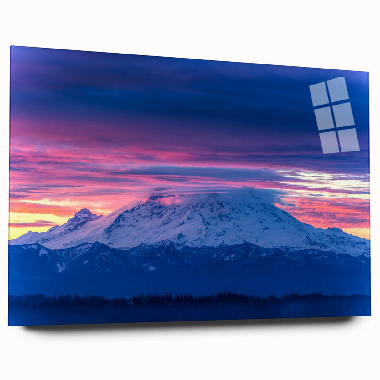Acrylic print of Mount Rainier with soft blue and gray tones, suitable for bedroom or dining room art.
