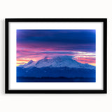 Extra large abstract art print of Mount Rainier with vibrant colors on a black framed canvas, ideal for living room decor.