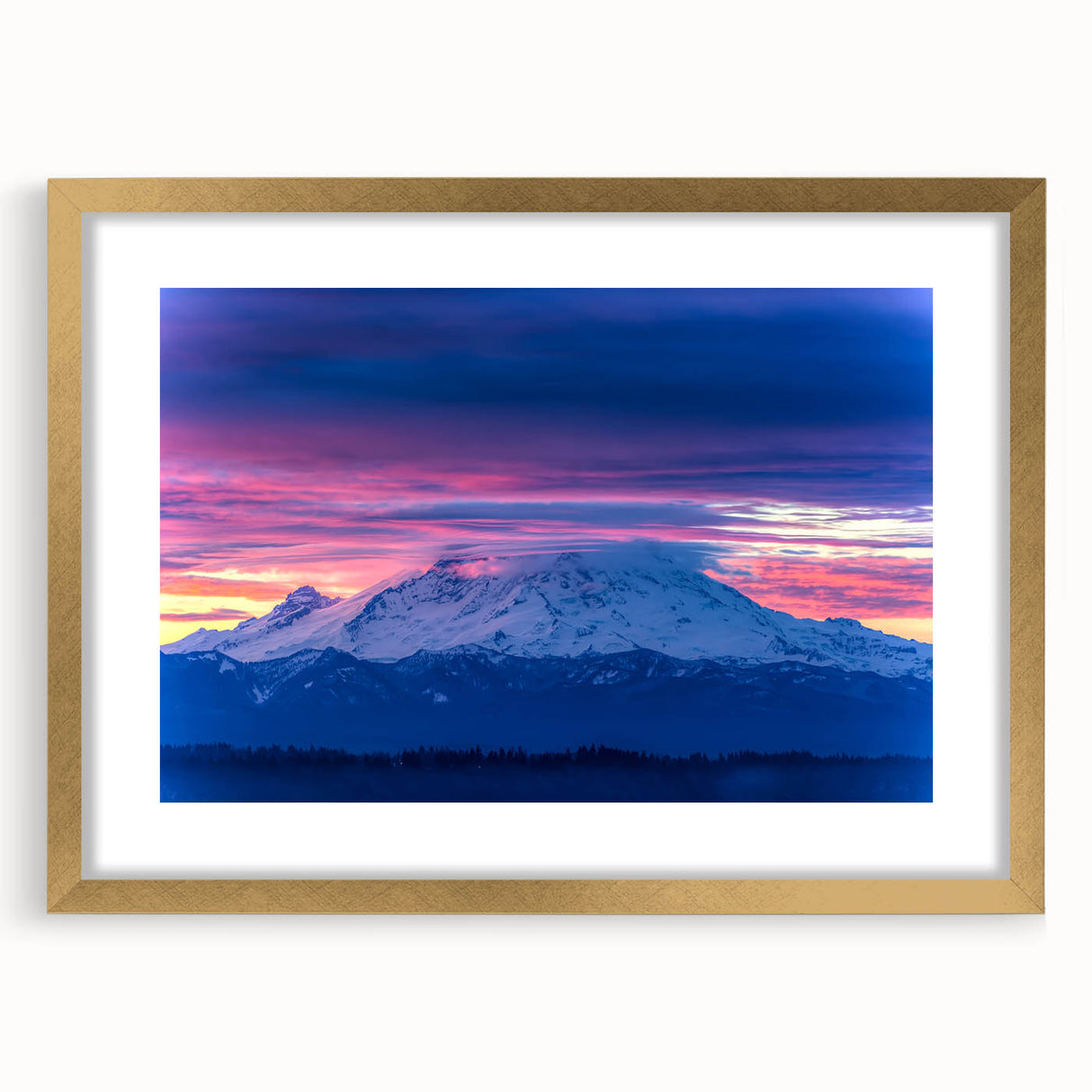 Extra large abstract art print of Mount Rainier in textured style with gold frame, ideal for living room decor.