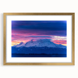 Extra large abstract art print of Mount Rainier in textured style with gold frame, ideal for living room decor.