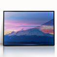 Framed acrylic print of Mount Rainier under a pink sky, in a large abstract style, suitable for modern art wall decor.