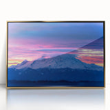 Acrylic print of Mount Rainier with a gold frame, in muted earth tones, ideal for modern art wall decor.