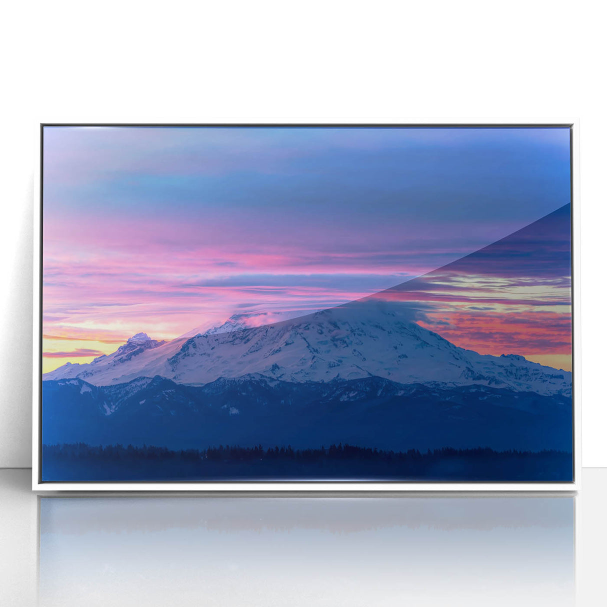 Acrylic print of Mount Rainier in muted colors, framed in white, suitable for modern nursery decor.