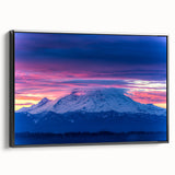 Black and white framed canvas of Mount Rainier landscape, ideal for bedroom wall decor.
