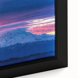 Extra large framed canvas of Mount Rainier in black with textured, colorful art accents, suitable for living room decor.