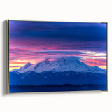 Landscape art painting of Mount Rainier with vibrant hues on a framed canvas, ideal for office decor.
