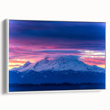 Vintage poster art of Mount Rainier on a framed canvas, featuring muted earth tones, ideal for living room decor.