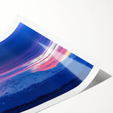 Extra large wall art featuring line art flowers and Mount Rainier, in muted green and blue tones on a rolled print.