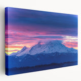 Mount Rainier under a clear blue sky on large stretched canvas, ideal for kitchen wall art.