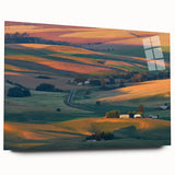 Large abstract wall art of the Palouse scenery in muted earth tones on acrylic glass, ideal for bedroom or dining room decor.