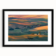 Extra large abstract art print depicting colorful, textured scenery of the Palouse region, framed in black.
