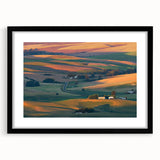 Extra large abstract art print depicting colorful, textured scenery of the Palouse region, framed in black.