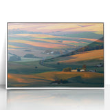 Art deco poster featuring the rolling hills of Palouse, Washington in muted earth tones on a white framed acrylic.