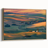 Framed canvas of a vintage-style landscape painting depicting the rolling hills of Palouse, Washington, in earthy tones.
