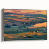 Landscape art painting of Palouse, Washington on a framed canvas, featuring rolling hills in vibrant greens and blues.