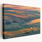 Large canvas print of the Palouse rolling hills in Washington, featuring muted green and brown tones.