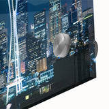 Large abstract wall art featuring Seattle skyline in muted gray and blue tones on acrylic glass, ideal for dining room decor.