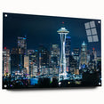 Acrylic print of Seattle skyline with muted blue and gray tones, suitable for bedroom or dining room decor.