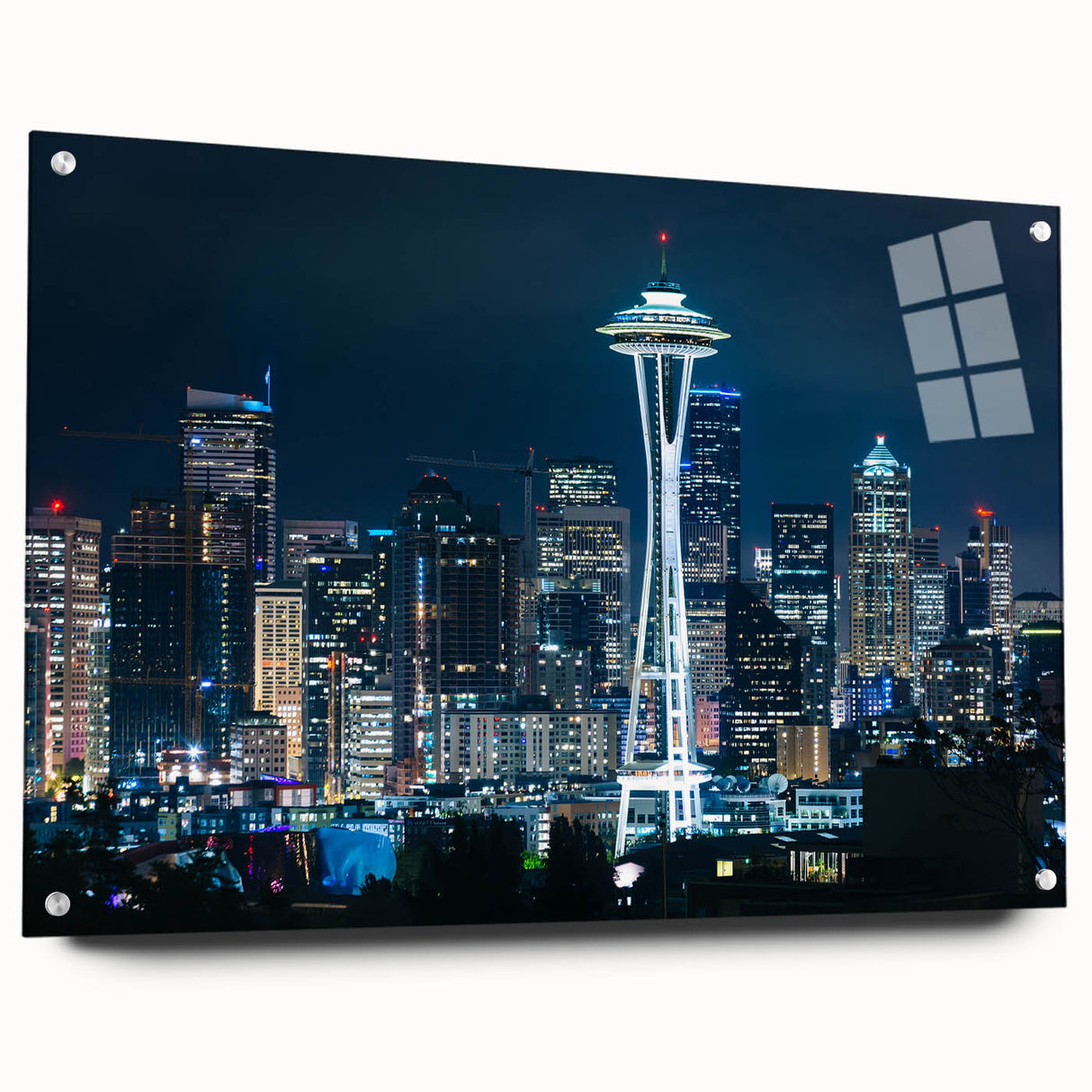 Acrylic print of Seattle skyline with muted blue and gray tones, suitable for bedroom or dining room decor.